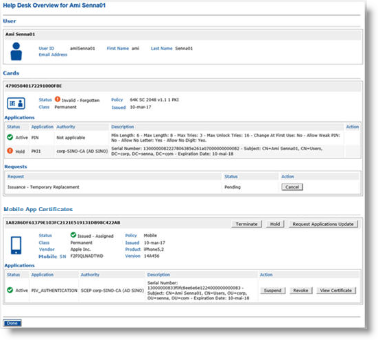 Help Desk Overview page displaying details about the user and their devices
